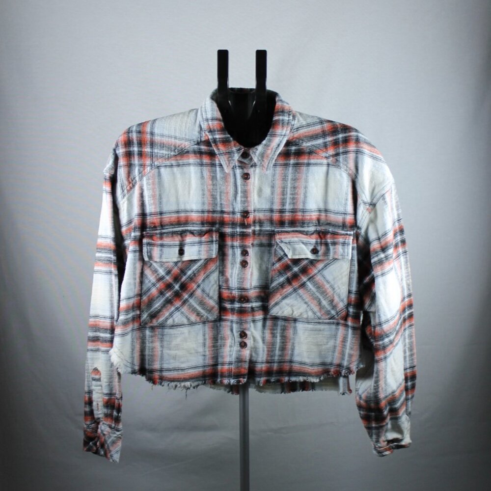 BDG Women's L Cropped Button Down Flannel Top. Orange, Black and White